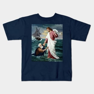 Jesus walking on the water and saving Peter Kids T-Shirt